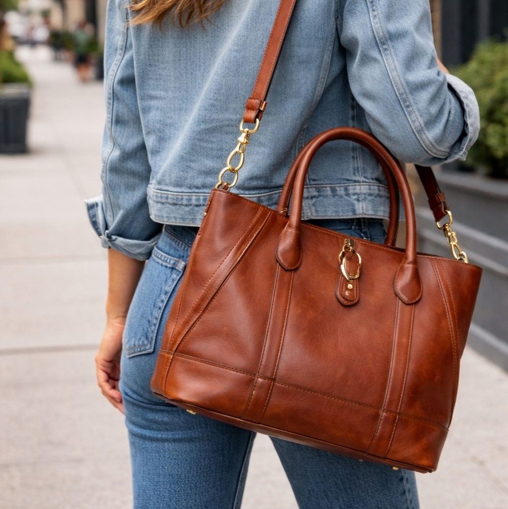 Massimo Dutti Leather Tote Bag | Expandable Side Zippers | Shoulder Strap - Picture 2 of 16